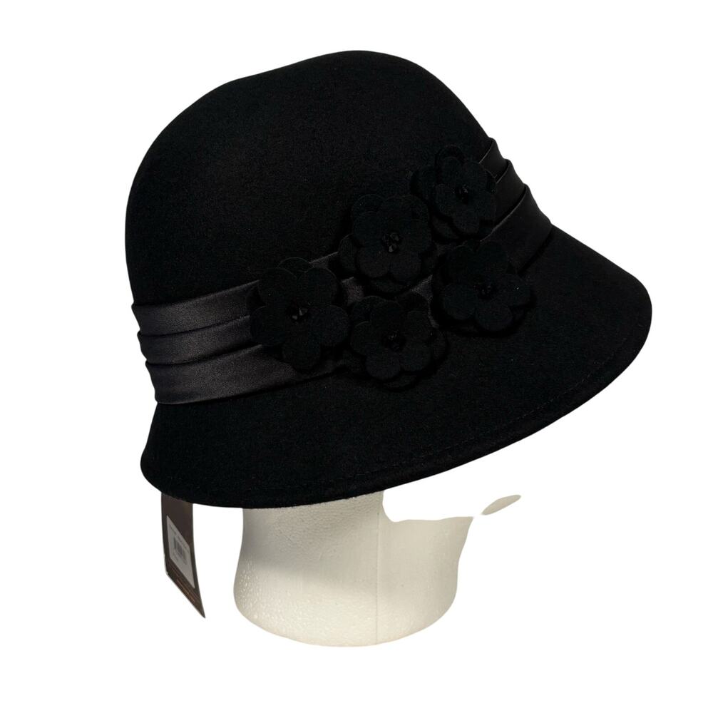 Adora Black Wool Floral Ribbon Felt Winter Cloche Hat Adjustable Womens OS NEW - Picture 3 of 13